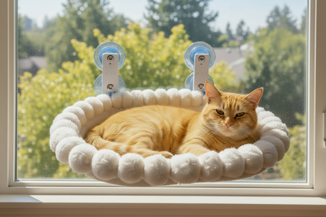 Cat lounging on a white window seat with suction cups against a glass pane.
