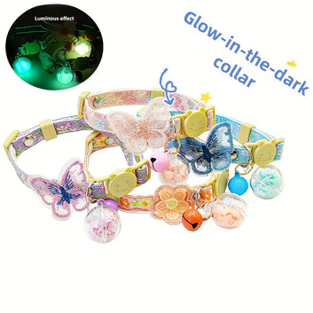 Glow-in-the-Dark Cat Collar with Butterfly & Floral Design,